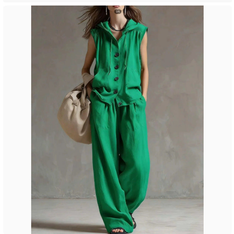 Sleeveless Hooded Top & Wide-Leg Pants Set | High-Waist Two-Piece