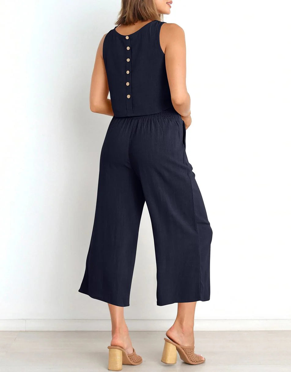 Sleeveless Tank Crop Button Back Top Cropped Pants Set With Pockets
