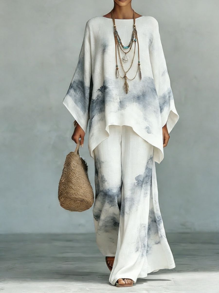 Floral Print Bamboo Linen Two-Piece Set | Wide-Leg Pants