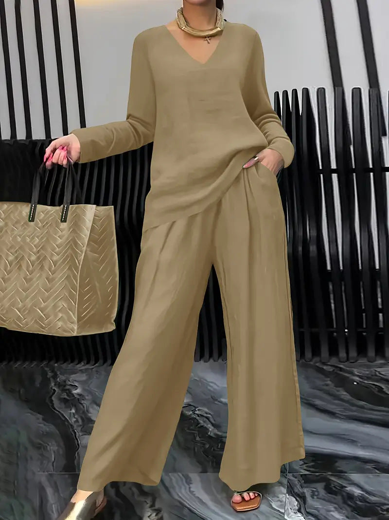 Solid Color Long Sleeve Top & Pants Two-Piece Travel Set