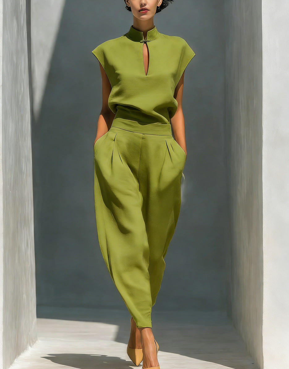 Women's Chinese-Style Satin Short-Sleeve Top & Pants Set