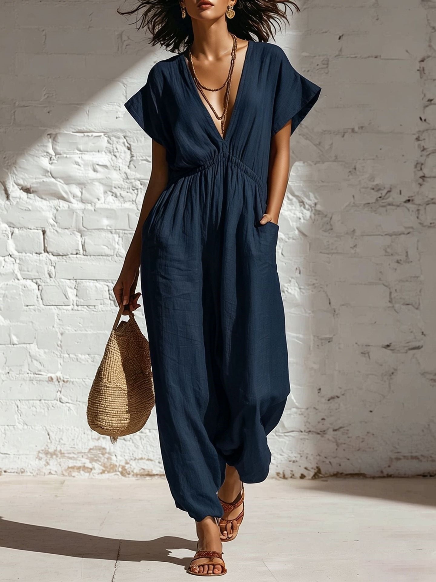 Women's Deep V-Neck Three-Quarter Sleeve High Waist Wide Leg Pants