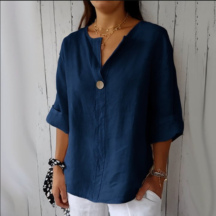Women's V-Neck Long-Sleeve Button Top – Loose Fit Casual Blouse