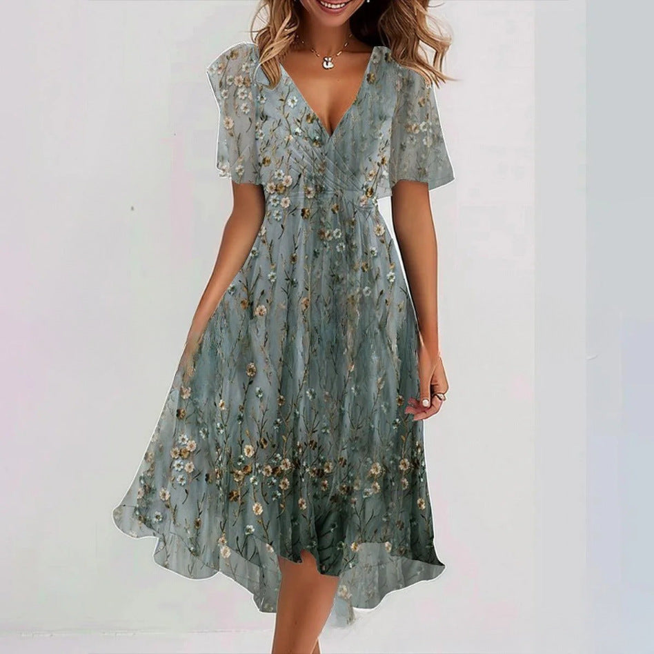 Floral Print A-Line Dress – V-Neck Short Sleeve Midi Dress