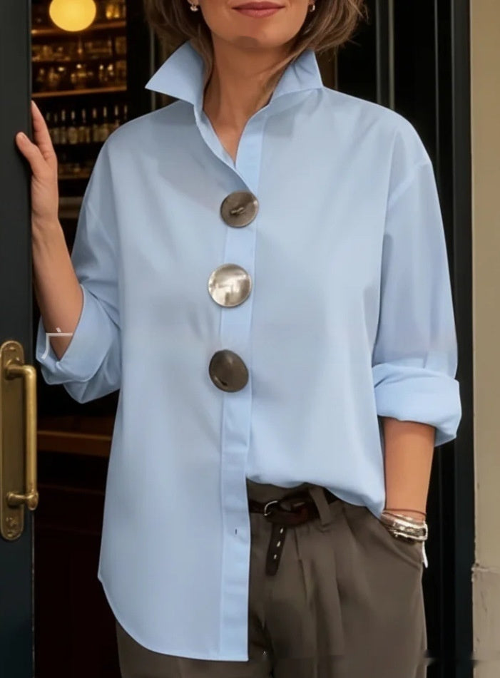 Stand-Up Collar Metal Button Long Sleeve Shirt – Women’s Loose Fit
