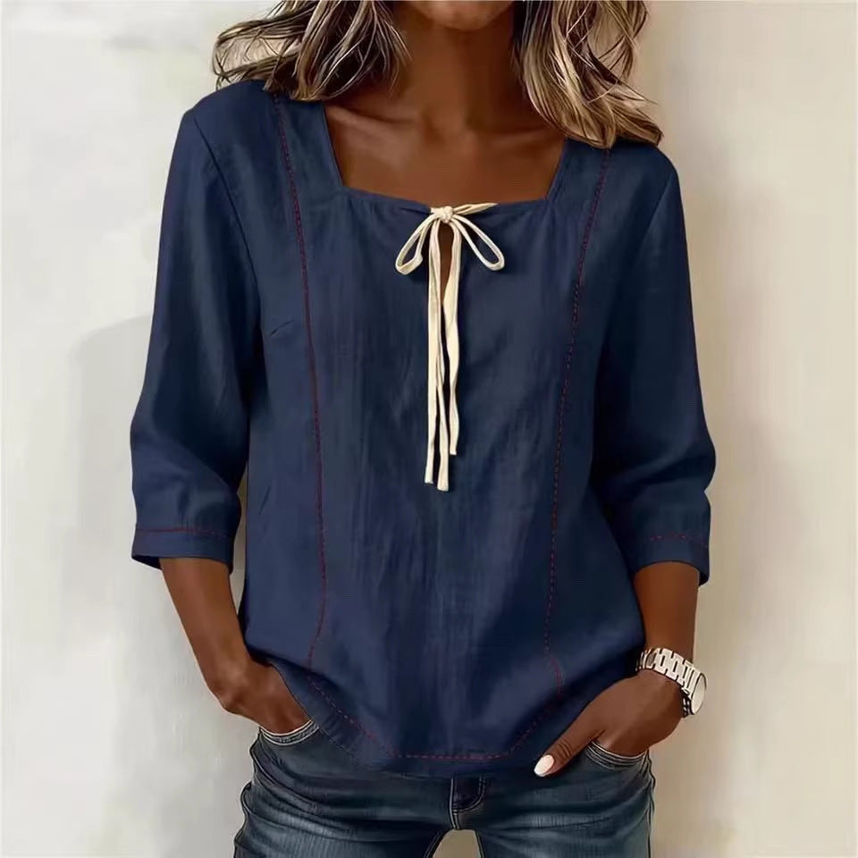 Printed Lace-Up Square-Neck Shirt – Three-Quarter Sleeve, Ramie