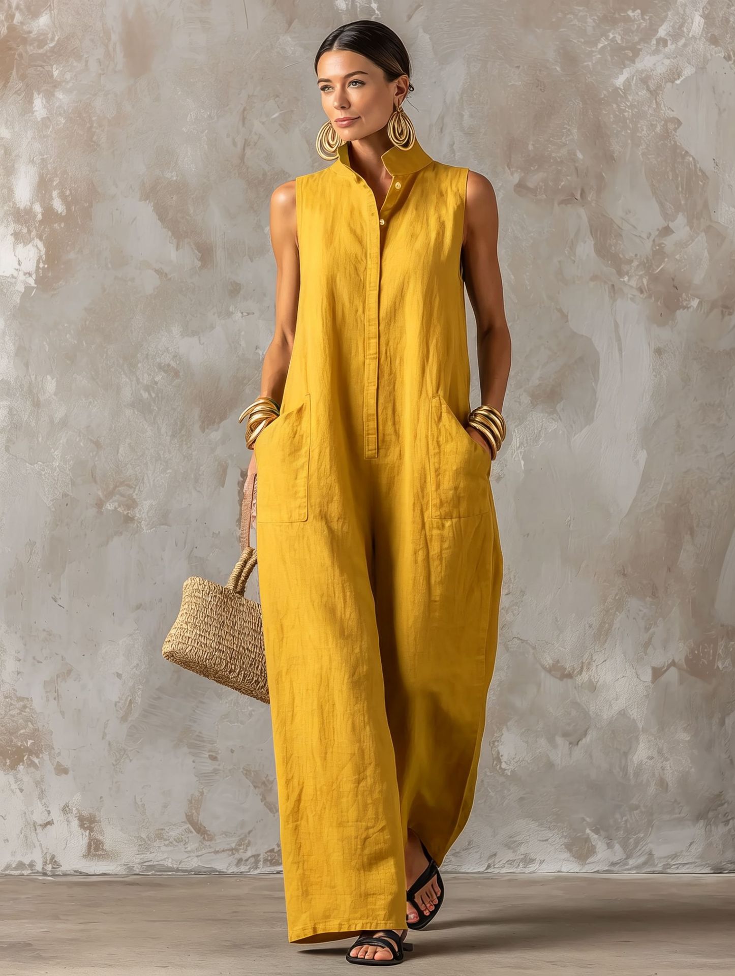 Linen Blend Sleeveless Stand-Collar Jumpsuit – 5 Colors S–3XL