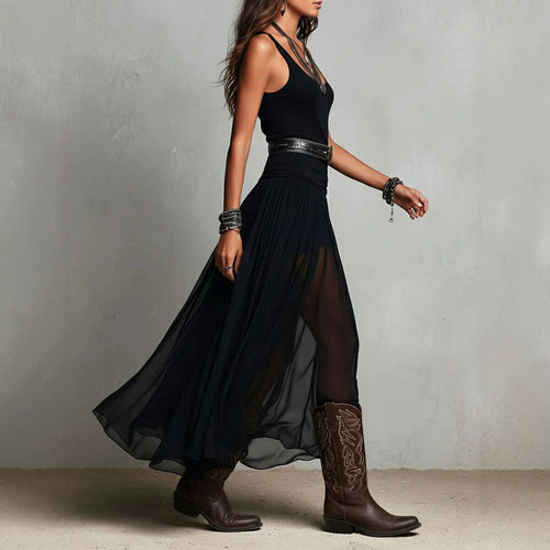 Black Mesh Strap Maxi Dress with Belt – V-Neck Pleated Long Dress