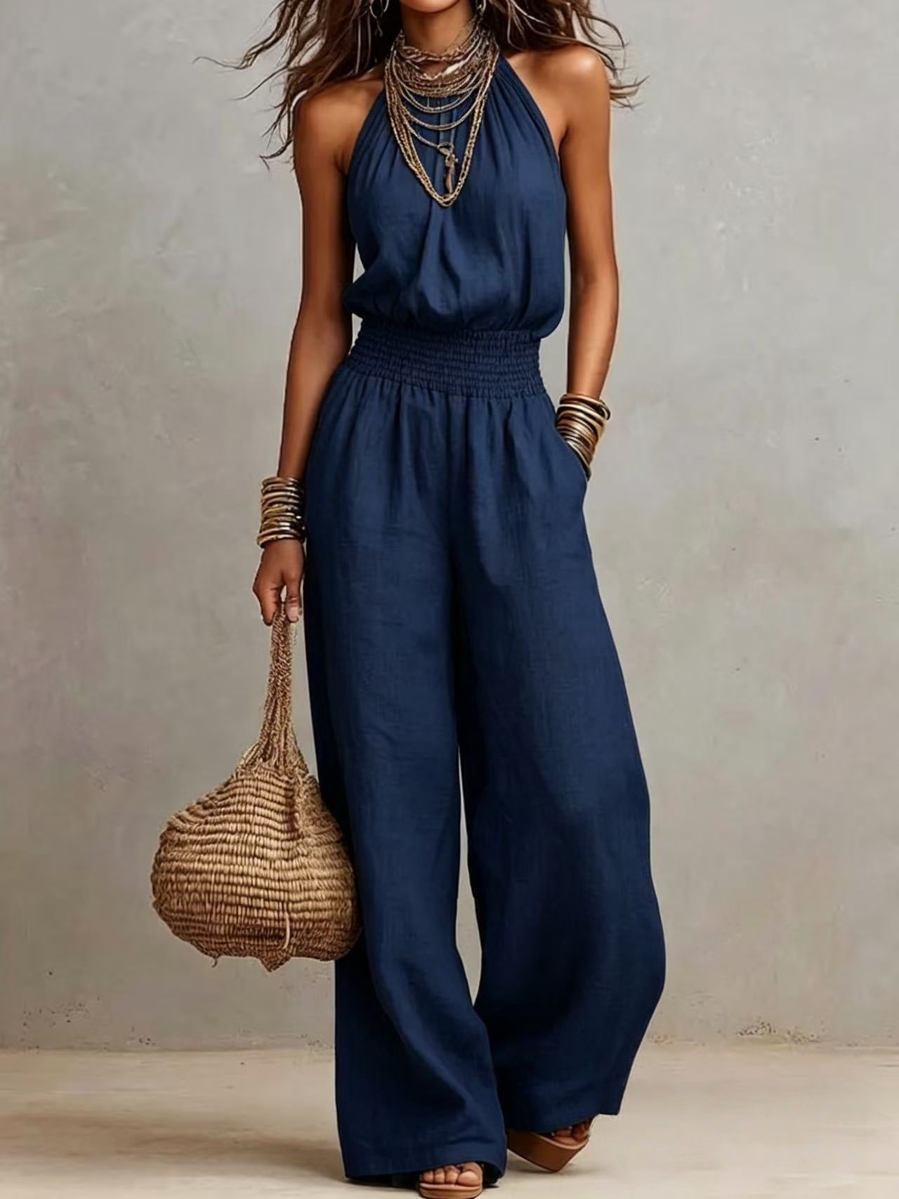 Women's Halter-Neck Backless Wide-Leg Jumpsuit – Solid Color Street Style
