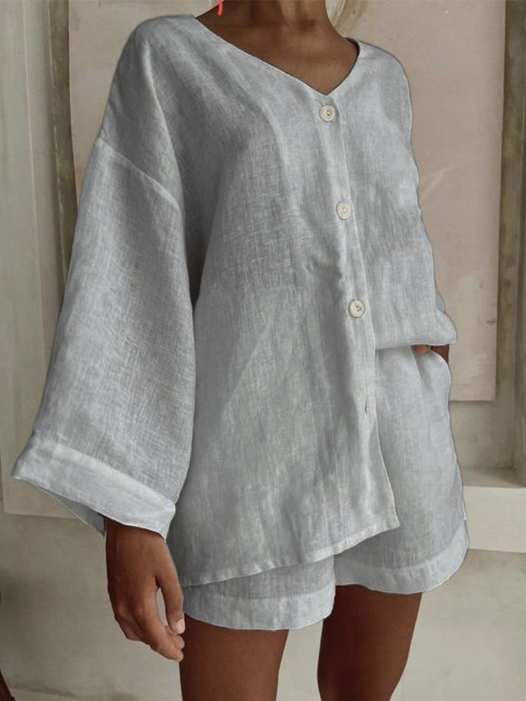 Women's Cotton Linen Shirt & Shorts Set – Long Sleeve, Button, Casual 2-Piece