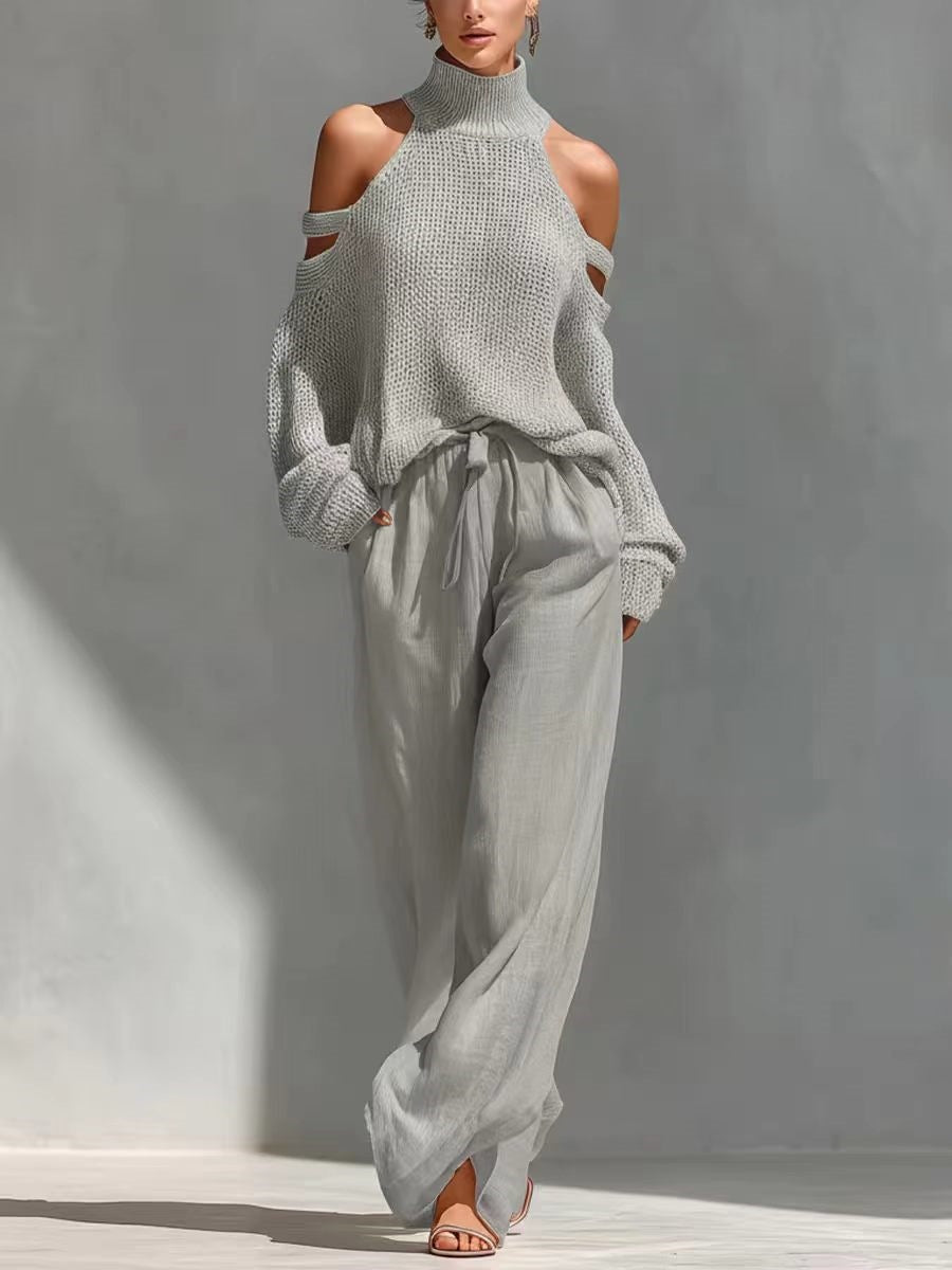 Women's Long-Sleeve Turtleneck Top & Pants Set – Elegant 2-Piece