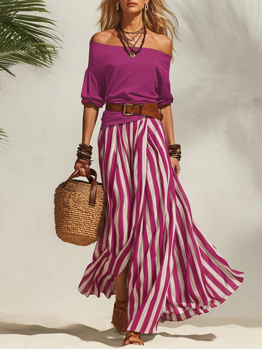 Women's Off-Shoulder Top & Slit Maxi Skirt Set