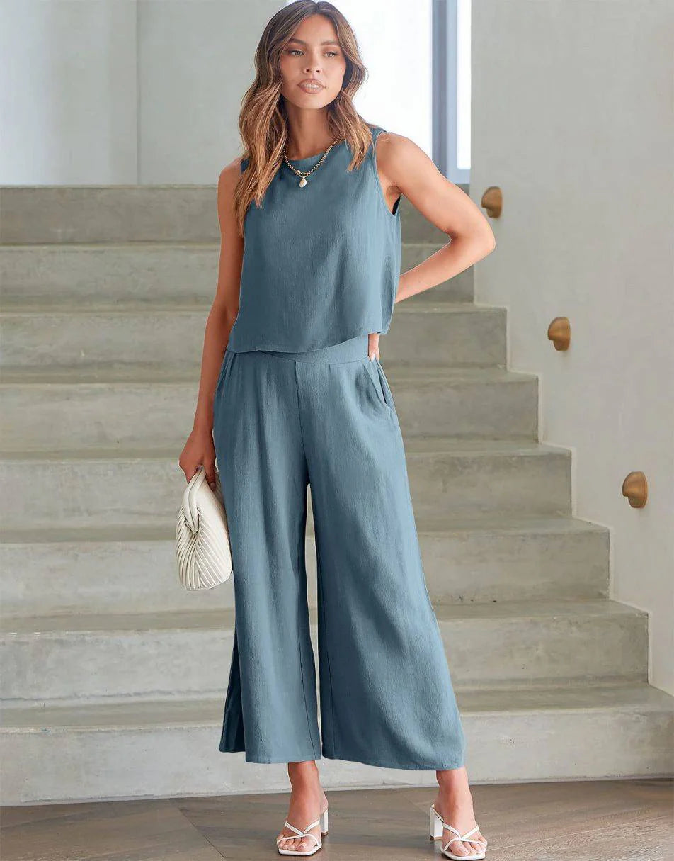 Sleeveless Tank Crop Button Back Top Cropped Pants Set With Pockets