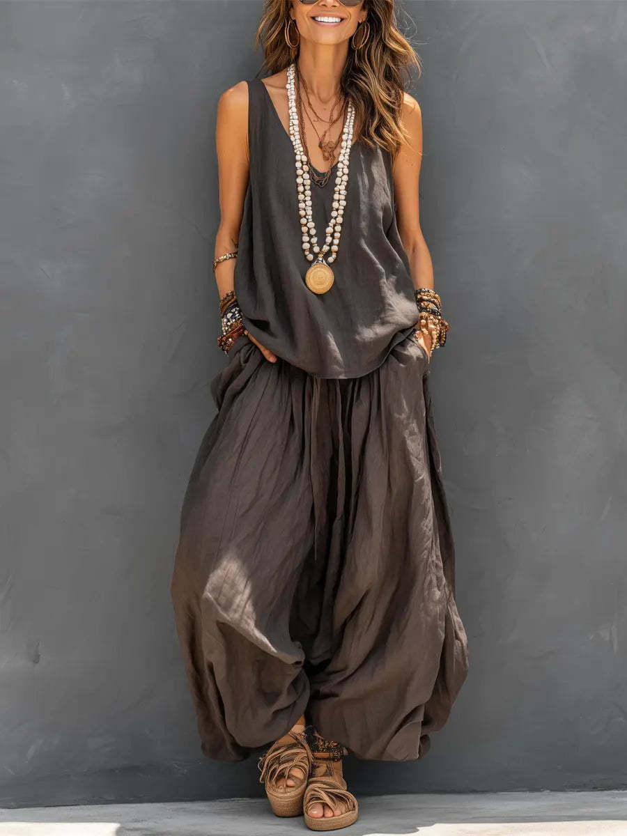 Women’s Cotton Linen Sleeveless Tank Top and Wide-Leg Pants Set