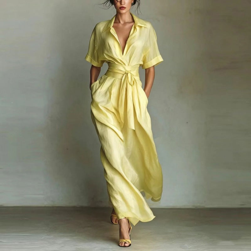 Women's Solid Color Waist-Slimming Maxi Dress — Flip Collar