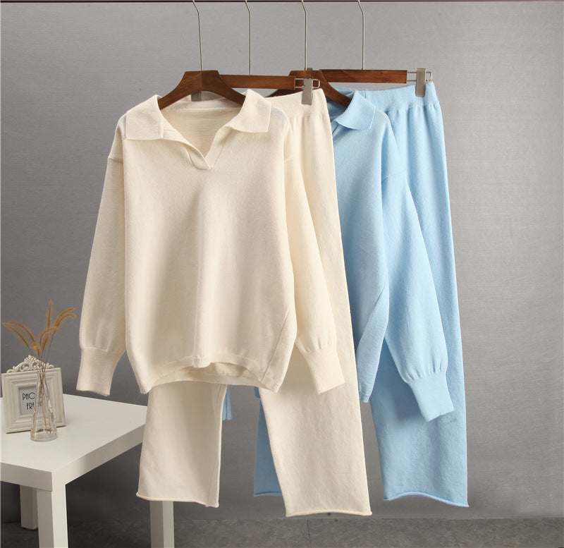 Solid Color Lapel Sweater Set for Women