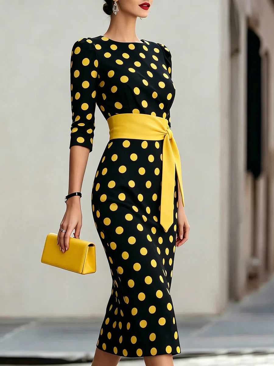 Women's Retro Polka-Dot Bodycon Midi Dress – Belted Cross-Tie