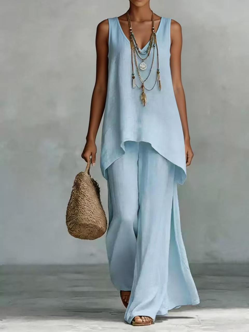 Women's Bohemian Wide-Leg Pants & V-Neck Vest Set – 3D Print