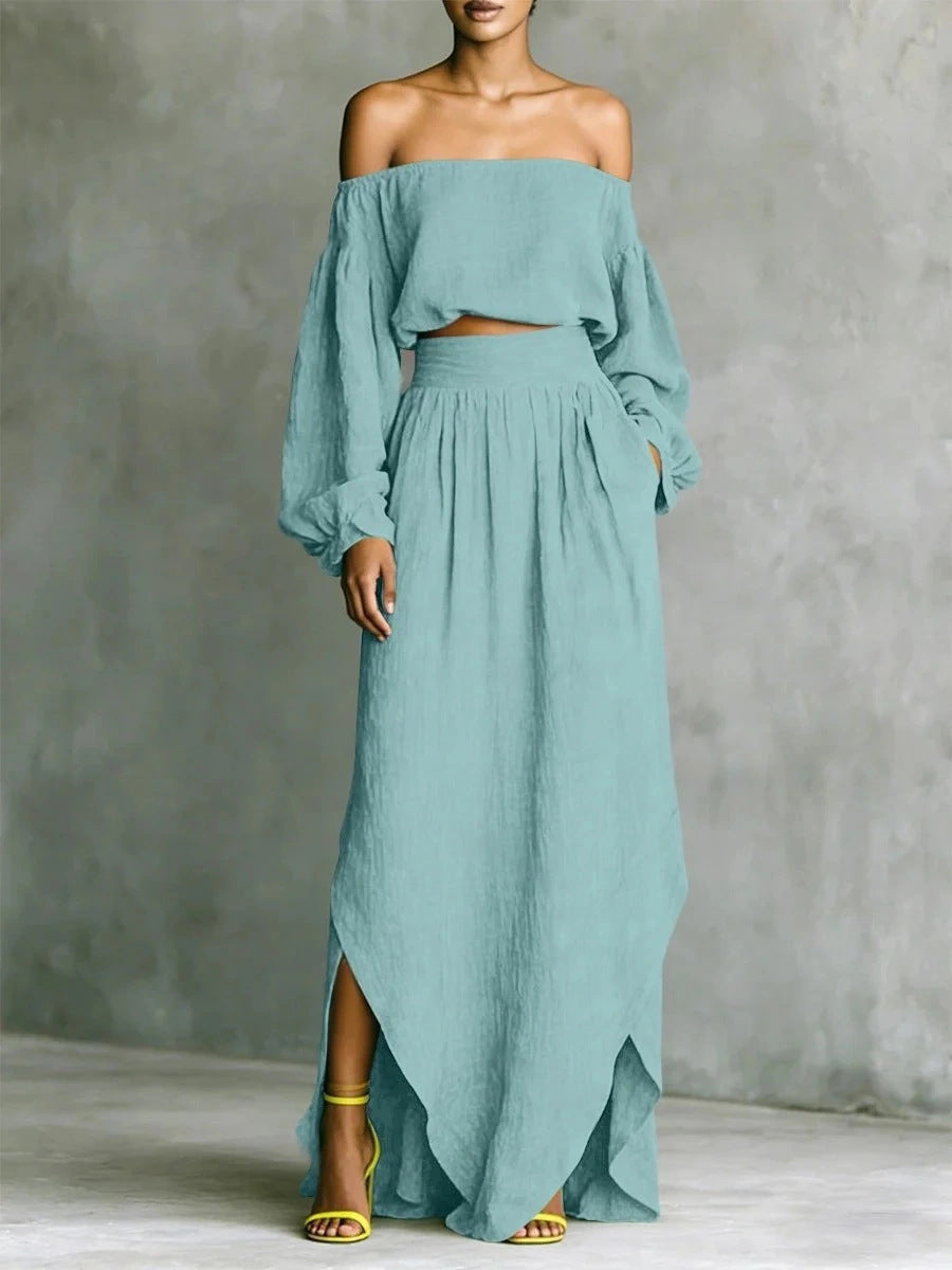 Off-Shoulder Top & Asymmetrical Maxi Skirt Set – Women's 2-Piece Outfit