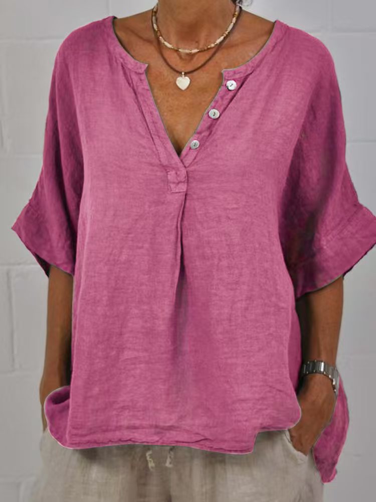 Women's Cotton Linen V-Neck Button-Up Shirt