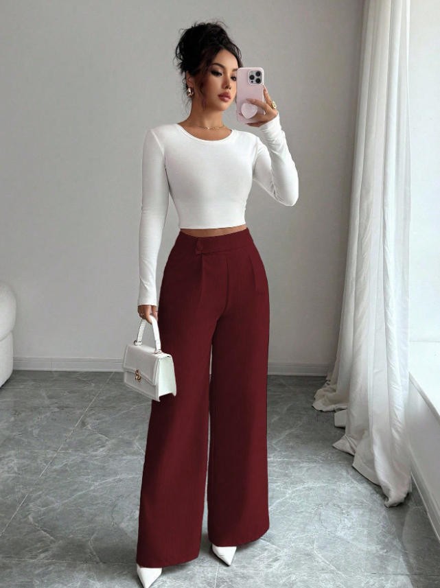 Women's High-Waist Straight-Leg Pants – Solid Color Button Detail Full Length