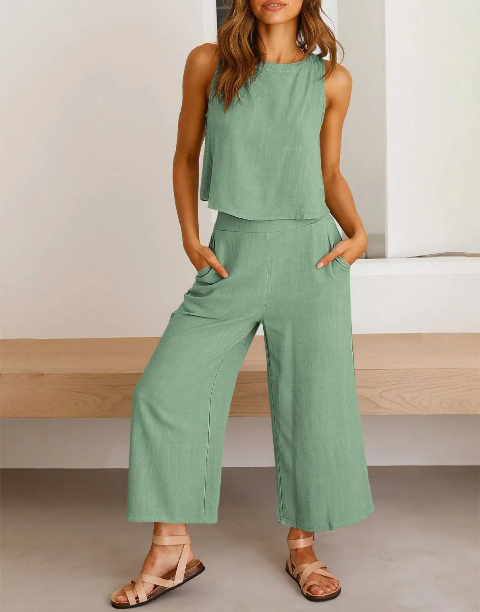 Sleeveless Tank Crop Button Back Top Cropped Pants Set With Pockets