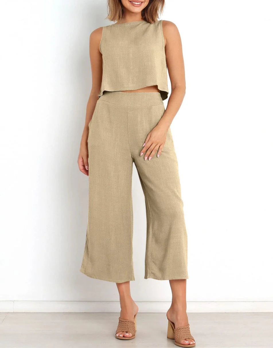 Sleeveless Tank Crop Button Back Top Cropped Pants Set With Pockets