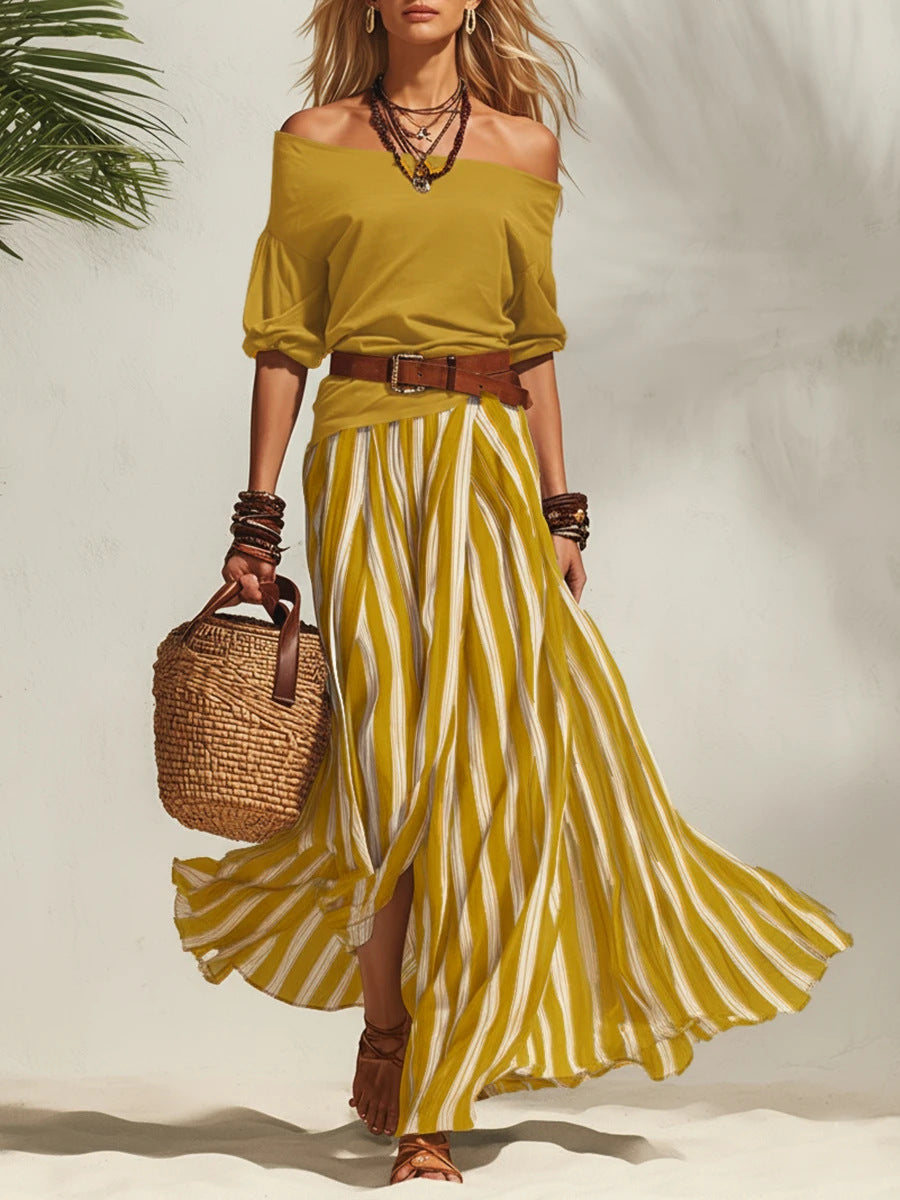Women's Off-Shoulder Top & Slit Maxi Skirt Set