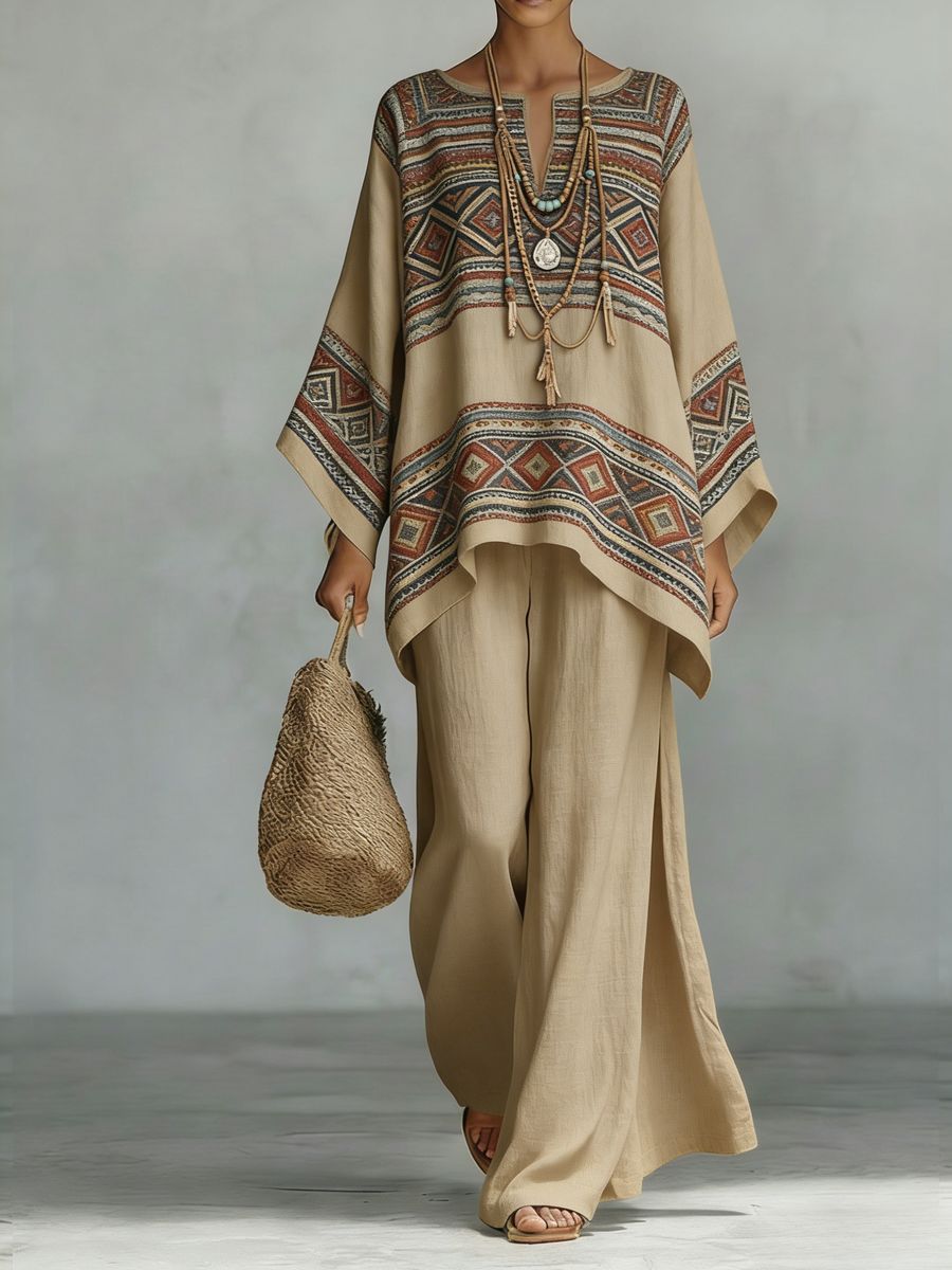 Floral Print Bamboo Linen Two-Piece Set | Wide-Leg Pants