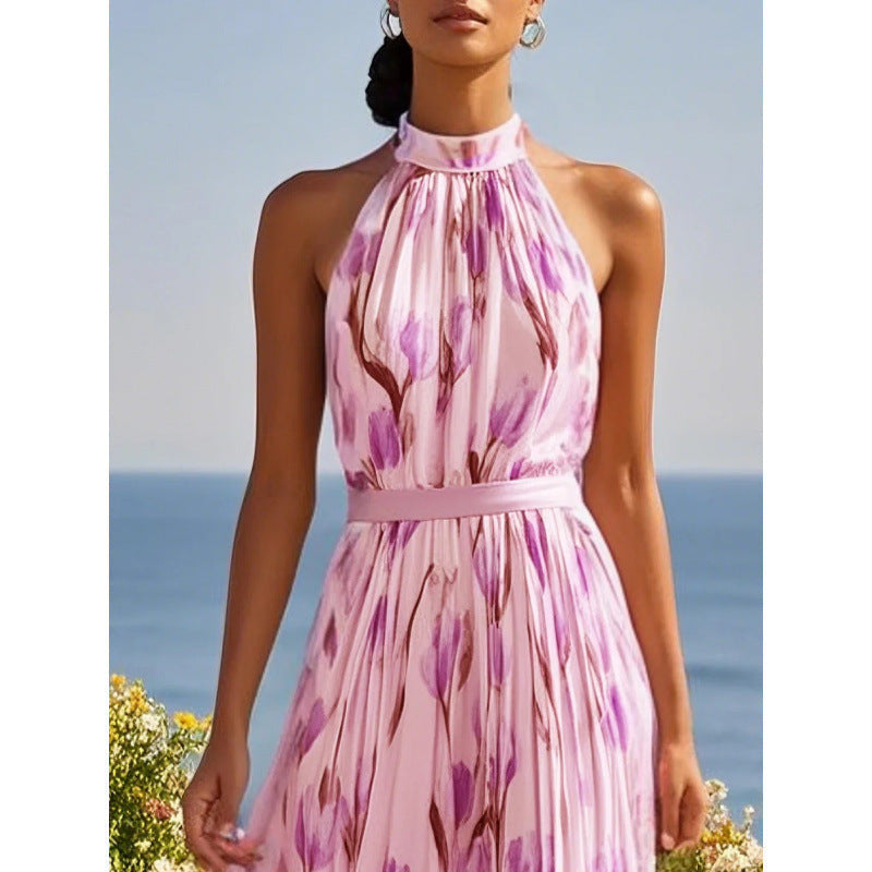 Women's Halterneck High-Waist Swing Dress – Floral & Solid Prints