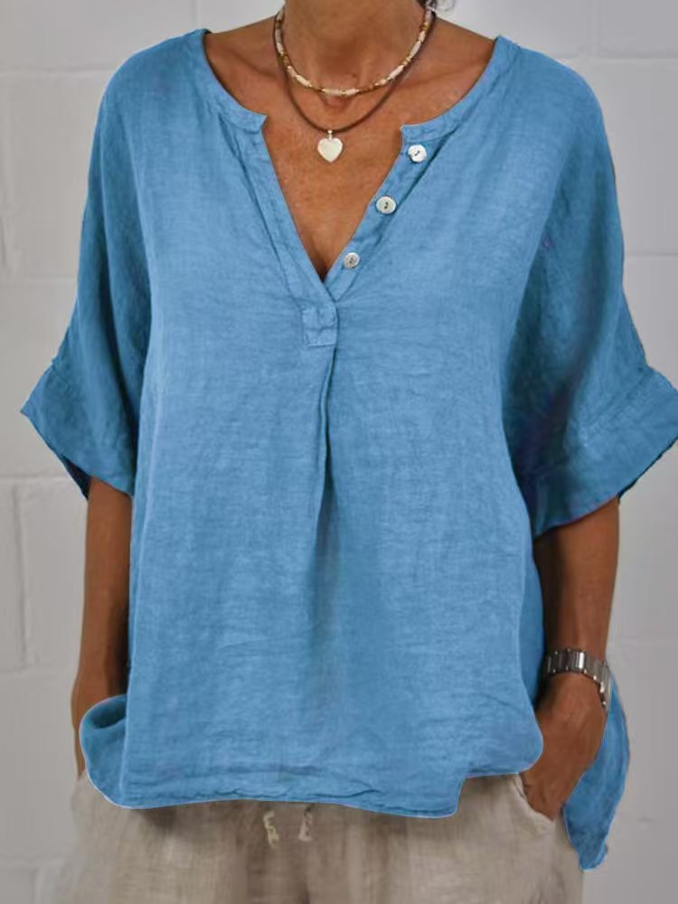 Women's Cotton Linen V-Neck Button-Up Shirt