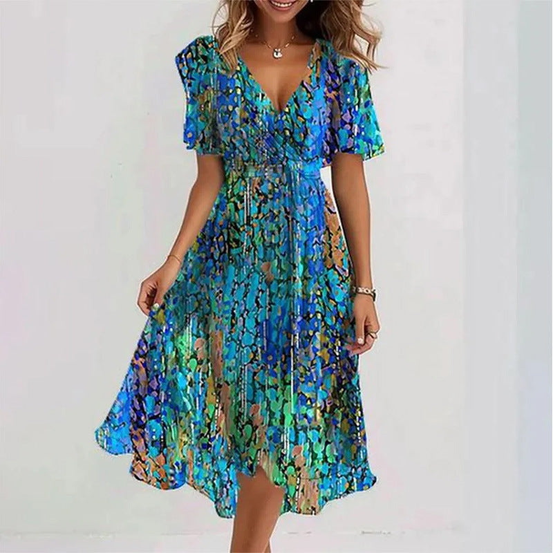 Floral Print A-Line Dress – V-Neck Short Sleeve Midi Dress