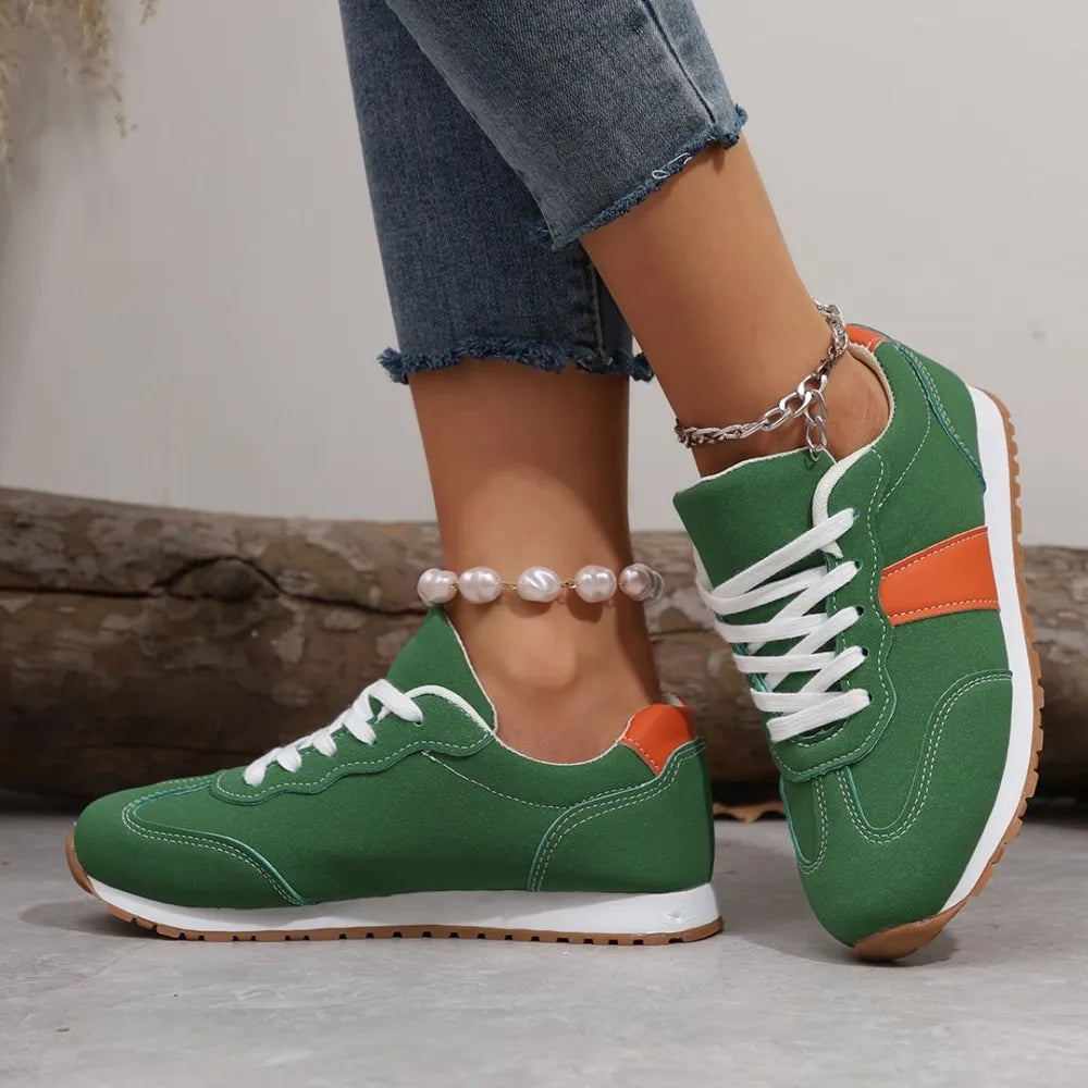 PU Leather Contrast Round Toe Flat Sneakers – Lace-Up Casual