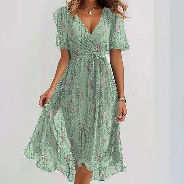 Floral Print A-Line Dress – V-Neck Short Sleeve Midi Dress