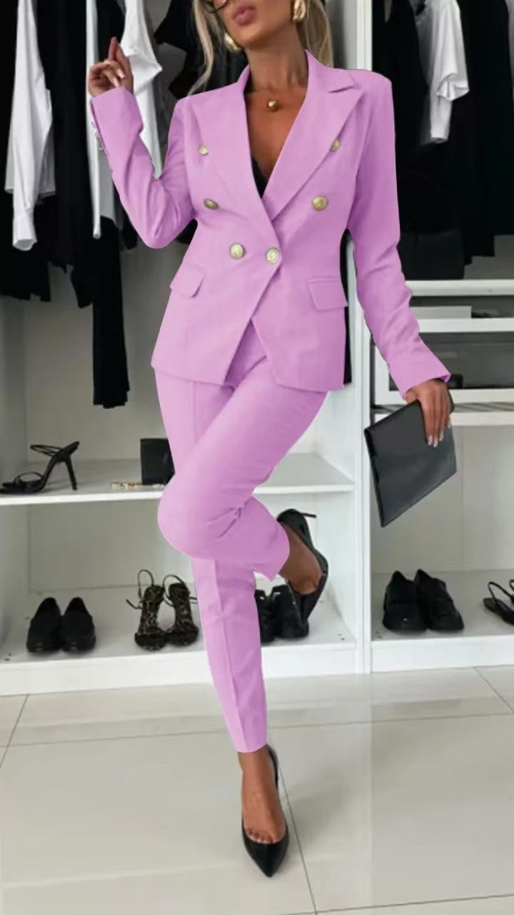 Double-Breasted Lapel Blazer & Zip-Up Trousers Suit