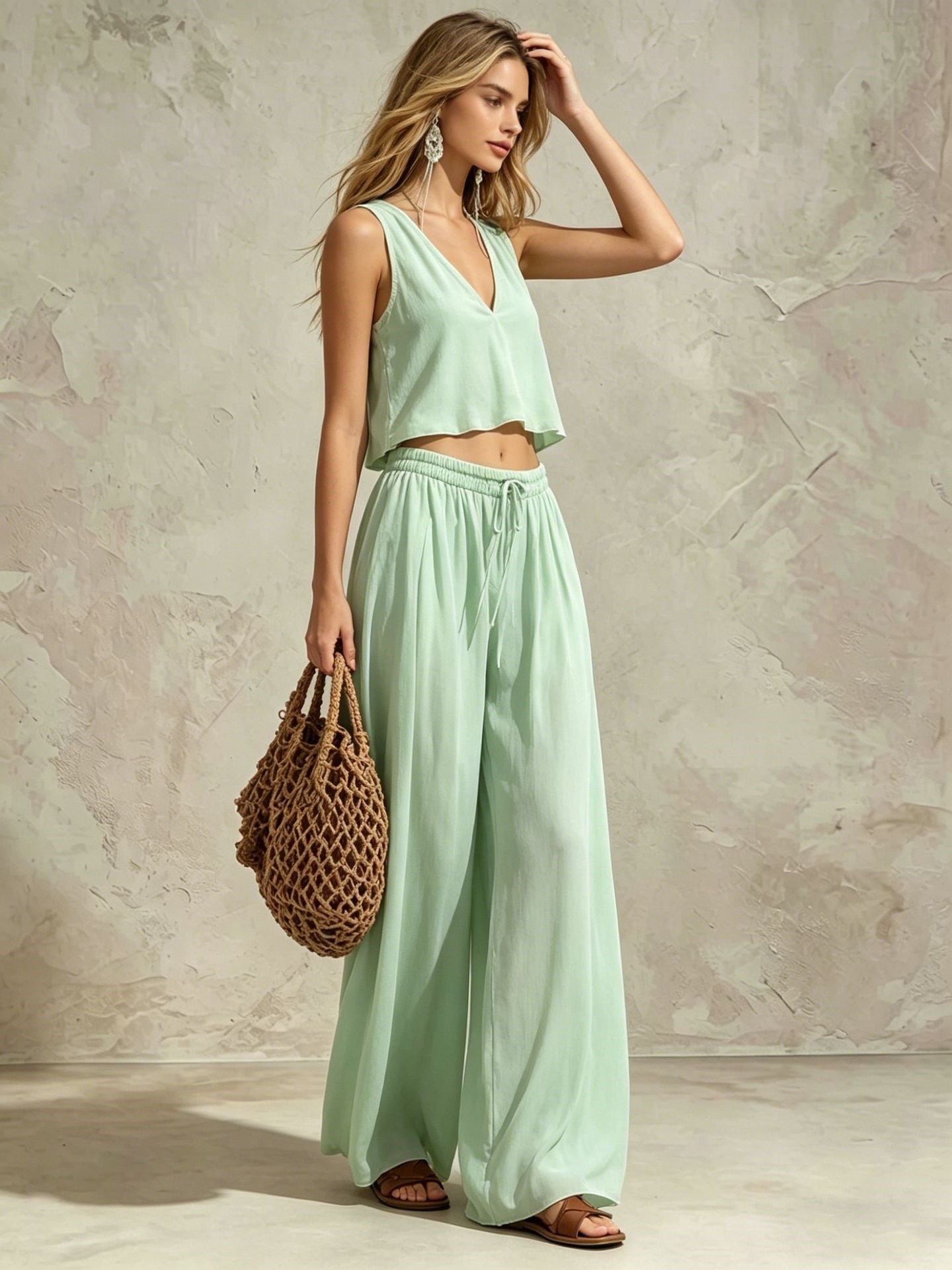 Women's V-Neck Sleeveless Camisole Top & Wide Leg Pants Set