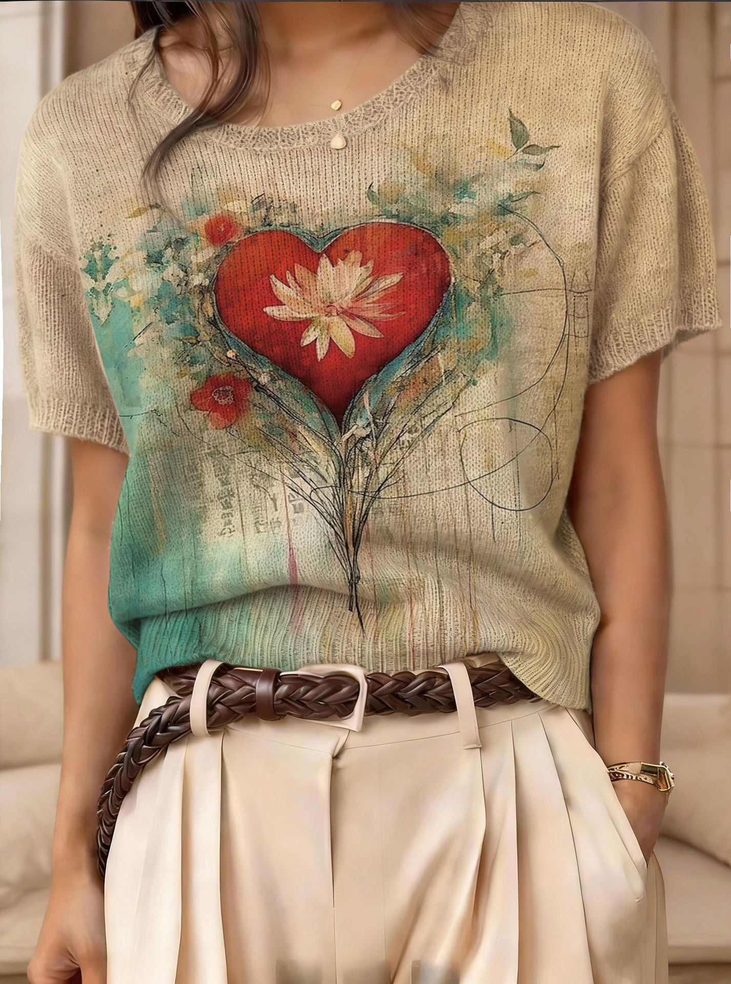Women's Retro Short-Sleeve Jacquard Knit Top