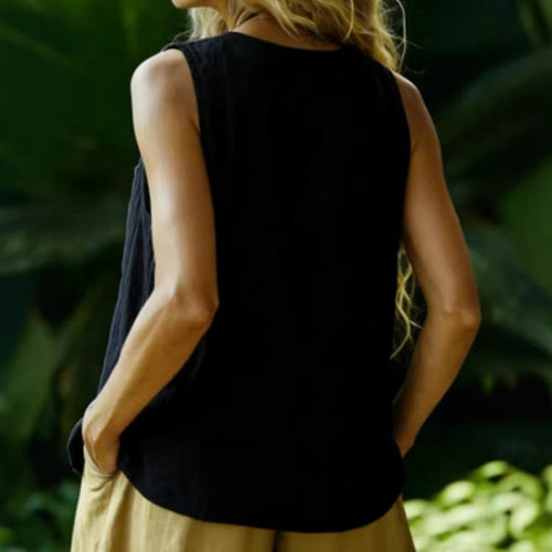 Cotton-Linen Sleeveless V-Neck Button Shirt – 3 Colors, S–2XL