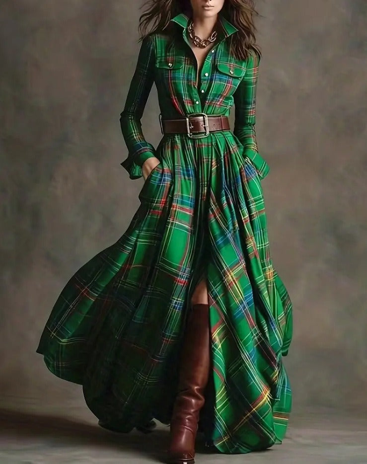 Women's Plus Size Plaid Print Long Sleeve Shirt Dress with Pockets