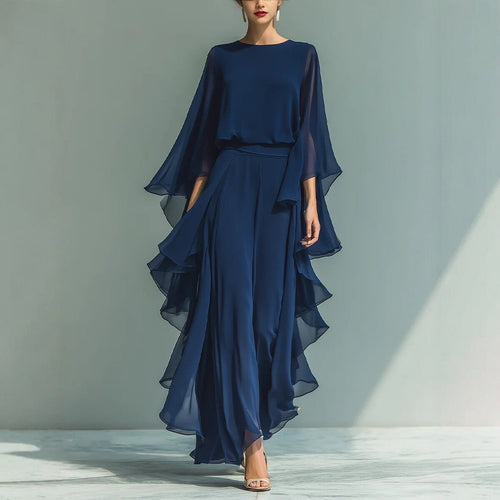 Deep Blue Ruffle Wide-Leg Pants Set – Elegant Two-Piece Batwing Sleeve Outfit for Women