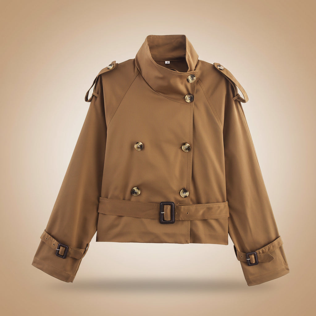 Women's Notch-Collar Short Trench Coat with Belt Buckle Detail
