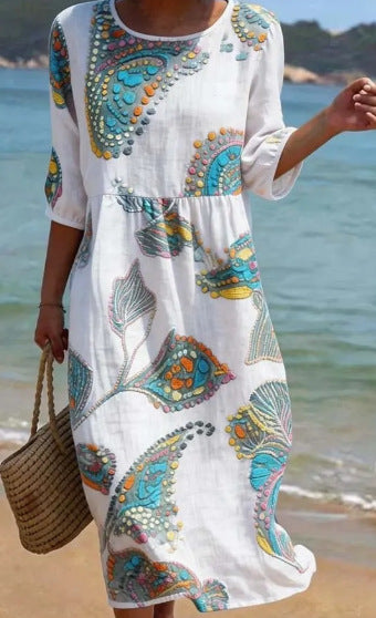 Women's 3D Floral Print Long-Sleeve A-Line Dress – Crew Neck Loose Fit