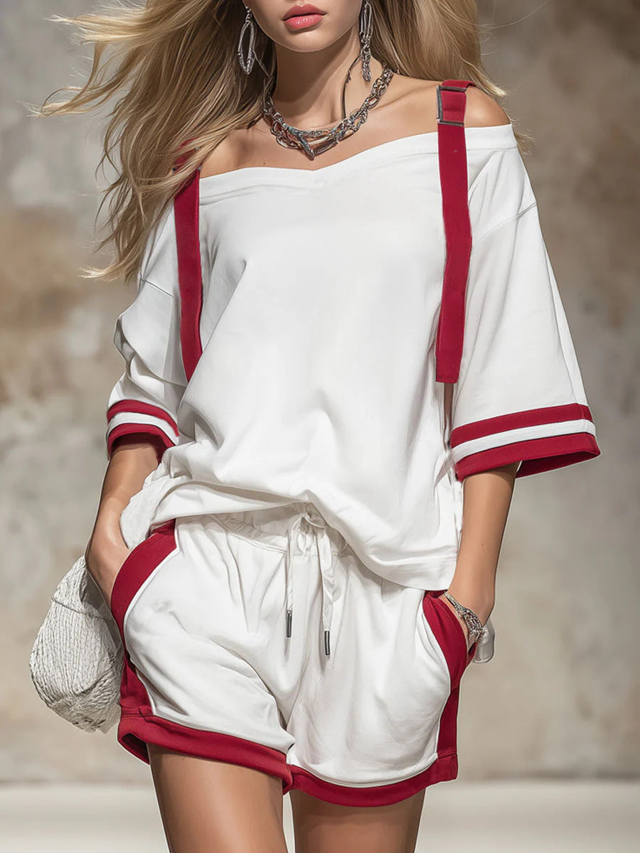 Women's Summer Contrast Color-Block Patchwork Shorts Set – 2-Piece