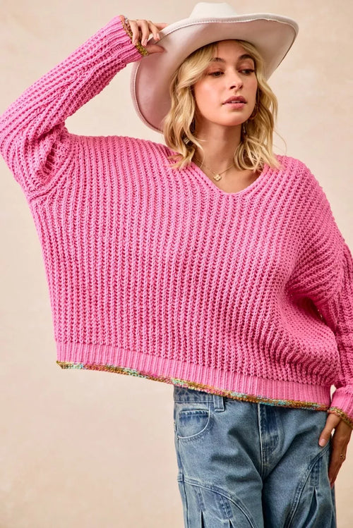 BiBi V-Neck Sweater with Colorful Trim