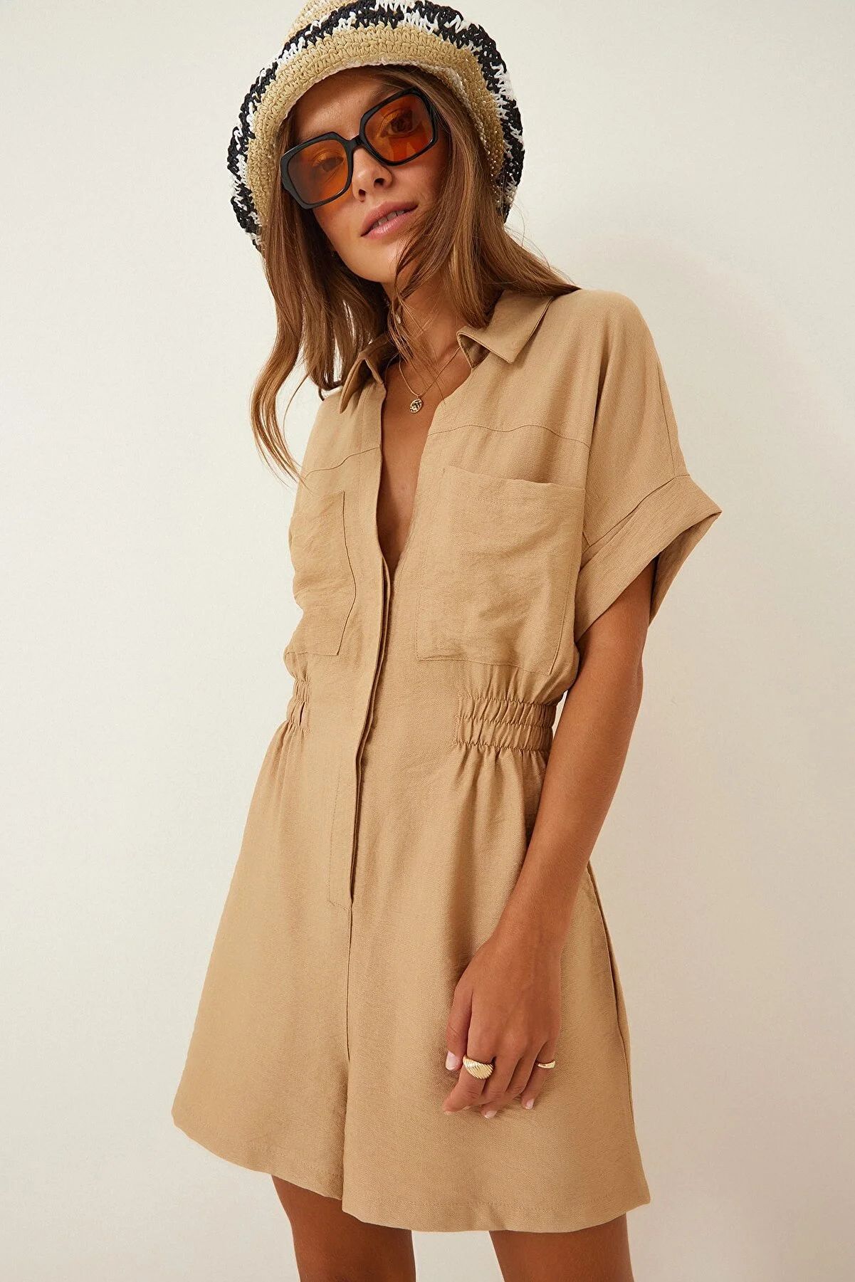 Women's Cotton Linen Loose-Fit Workwear Jumpsuit With Pockets