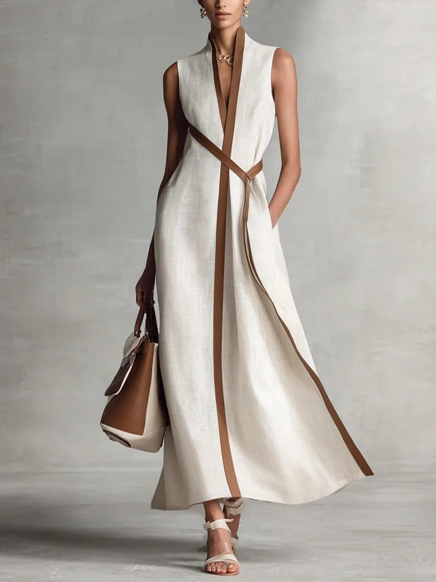 Women's Color Block Sleeveless Stand Collar Linen Blend Dress