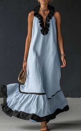 Women's Resort Linen Maxi Dress – Halter Neck Ruffle A-Line Boho