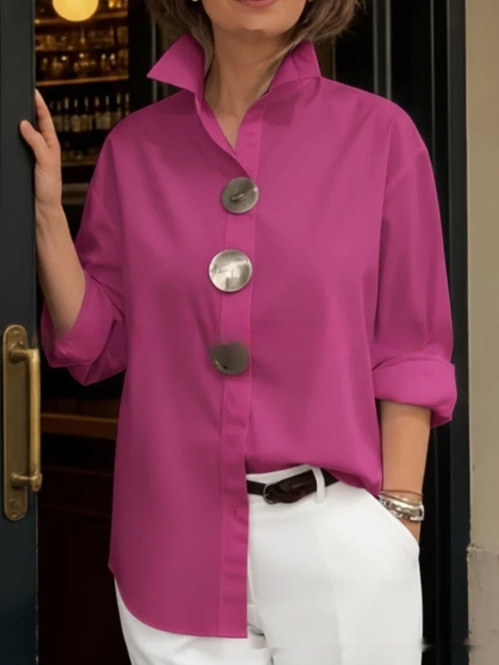 Stand-Up Collar Metal Button Long Sleeve Shirt – Women’s Loose Fit
