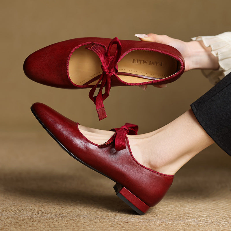 Women's French Vintage Genuine Leather Round Toe Chunky Heel Shoes