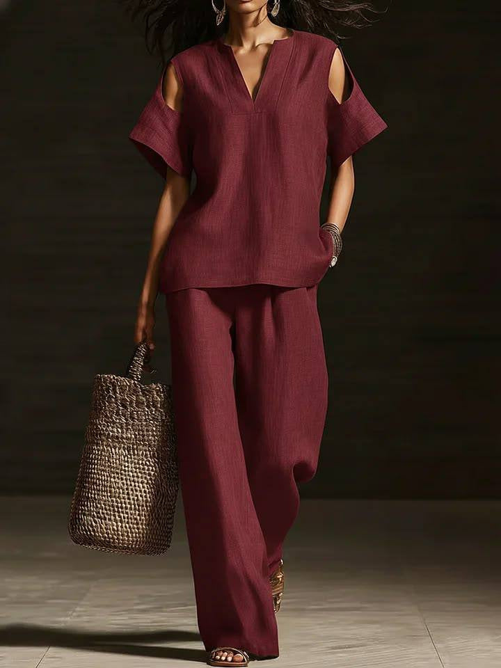 V-Neck Short Sleeve Top & Straight-Leg Pants Set – Ripped Detail, Pockets, Solid Color